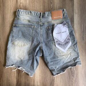 First Row Mens Distressed Denim Cargo Shorts Bandana Paint Splatter 32